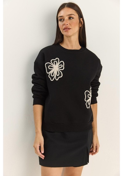 Shade Kadın Bisiklet Yaka Çiçek Nakışlı Üç İplik Şardonlu Sweatshirt 60601045 - Siyah