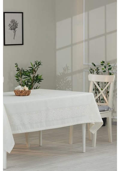 Jumbo Jakar Pano Desen Leke Tutmaz Jakarlı 150x250 Cm Lüks 8 Kişilik Masa Örtüsü Krem Beyaz