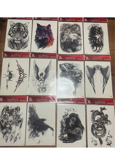 Airbrush Tattoo Büyük Boy Yapıştırma Geçici Dövme Seti 12'li Seri7