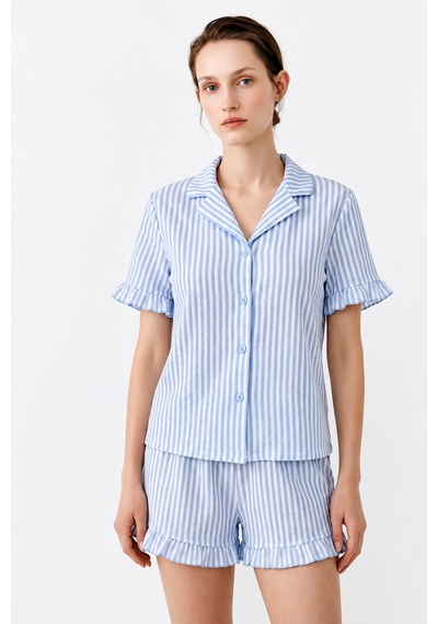 Kadın Relaxed Lastikli Mavi Pijama Takımı