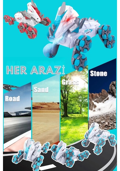 Uzaktan Kumandalı Buhar Püskürten Işıklı 8 Tekerlekli Akrobat Dinozor Araba Drift Yapan Çılgın Dino Kırmızı Beyaz