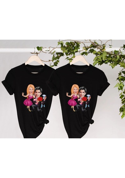 Bk Gift Kişiye Özel Sevgililer Karikatürlü İkili Siyah T-shirt Seti, Sevgililer Hediye, Çift Hediyesi, Yıl Dönümü Hediyesi, Kişiye Özel Tişört-14