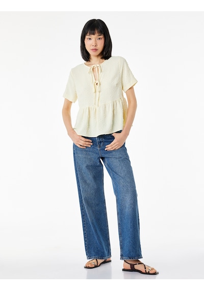 Koton Bağlamalı Fiyonk Detaylı Kısa Kollu Dokulu Peplum Bluz Sarı 6sak60068pw