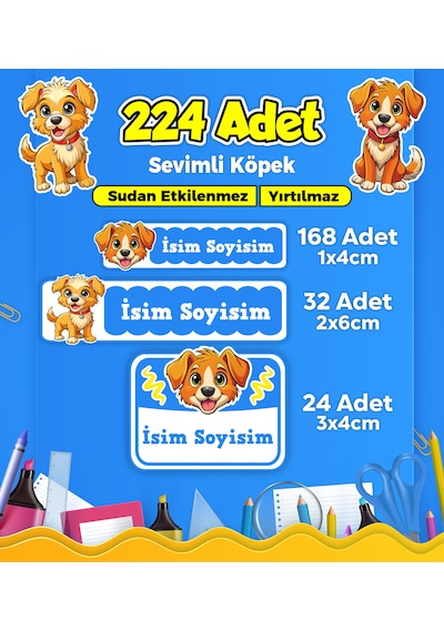 Sevimli Köpek Temalı Okul Kreş Kişiye Özel İsim Etiket Seti - Model 418 Çok Renkli