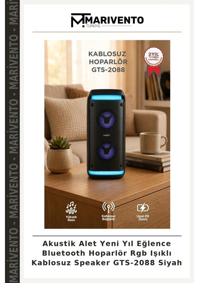 Akustik Alet Yeni Yıl Eğlence Bluetooth Hoparlör Rgb Işıklı Kablosuz Speaker Gts-2088 Siyah