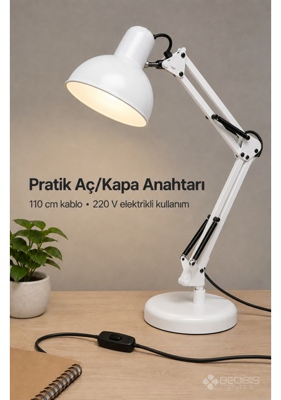 Metal Akrobat Masa Lambası Yaylı 360 Ayarlanabilir E27 Beyaz