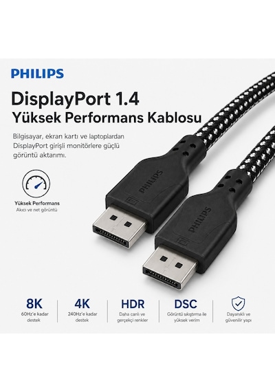 Philips Swr3139b 2 Metre Örgülü Displayport 1.4 Kablo, Dsc, 8k 60hz, 4k 240hz, 2k 360hz, 1080p 480hz, Hdr, 32.4 Gbps Dp Kablo 59400937