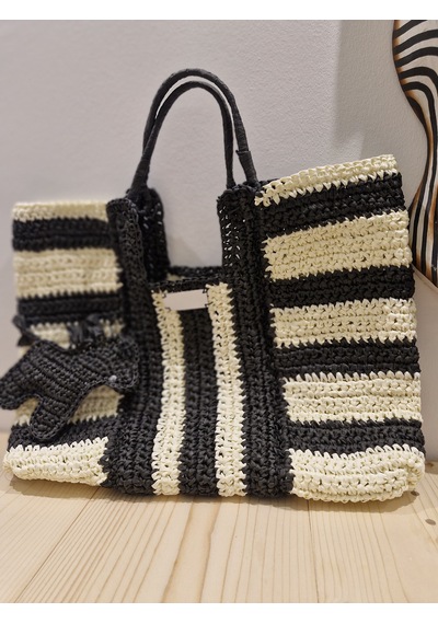 Buva Zebra Rafya Omuz Çantası Siyah - Beyaz