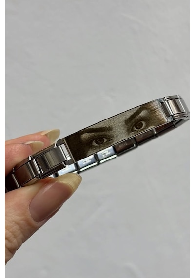 Kişiye Özel Göz Resim Baskılı İtalyan Charm Plakalı Unisex Çelik Bileklik Scb93g Gri