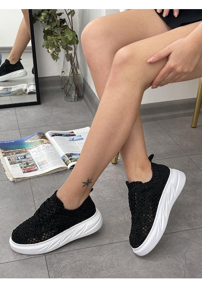 Erva'nın Butiği Siyah Dantel Lace Bağcıklı Kadın Sneakers-5404