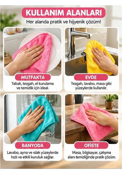Mucit Home Mutfak Havlusu 3 Adet Süper Emici Kurutma Havlusu Asılabilir Pembe