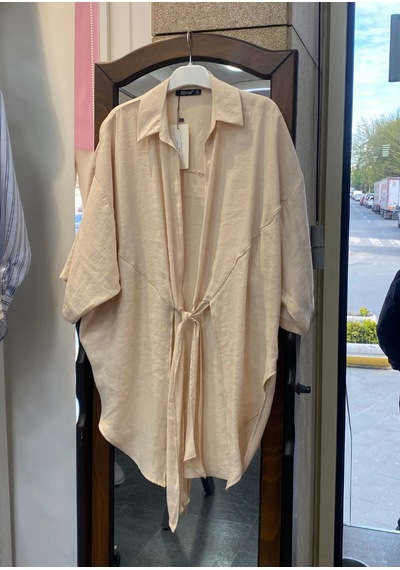 Pera Moda Önden Bağlamalı Uzun Kimono Yazlık İnce Gömlek Hırka Modeli Bej