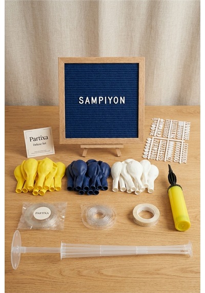 Sarı Lacivert Taraftar Süsleme Deluxe Set Siyah Keçe Yazı Panosu Standlı Balon Zincirli 7li Şeffaf Balon Standlı Set 3+ Yaş