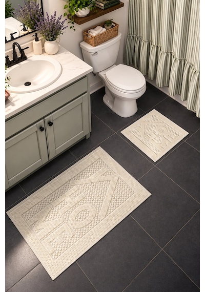 Sakura Sk019a Doğal Pamuk 2'li Banyo Paspas Seti 60x100 60x50cm Kaymaz Taban Makinada Yıkanabilir Kemik
