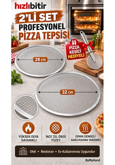 Bymyhand Metal Sanayi Tipi Profesyonel Pizza Tepsisi 2'li Set 28 32 Cm Pizza Kesici Hediyeli Büyük B Çok Renkli