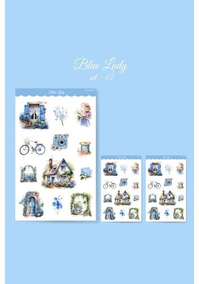Vintage Blue Lady Sticker Set - 3 Adet - Parlak Kağıt