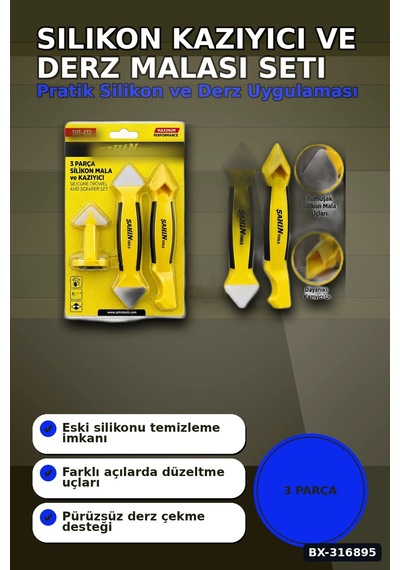 Silikon Kazıyıcı Ve Derz Malası El Aleti Seti 3 Parça Tadilat Uygulama Bx-316895