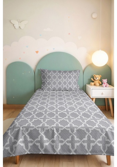 Gri Geometrik Tek Kişilik Dekoratif Pike Takımı - Beyaz İskandinav Motifli 160x220 Cm Yatak Örtüsü Kırçıllı Nehir Kabuğu