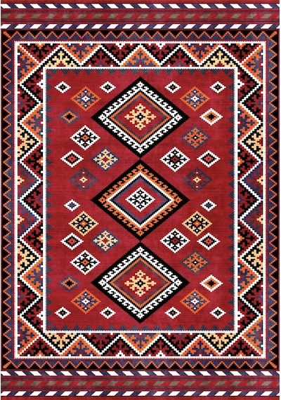 Kırmızı Etnik Kilim Desenli Dijital Baskılı Kaymaz Taban Yıkanabilir Halı