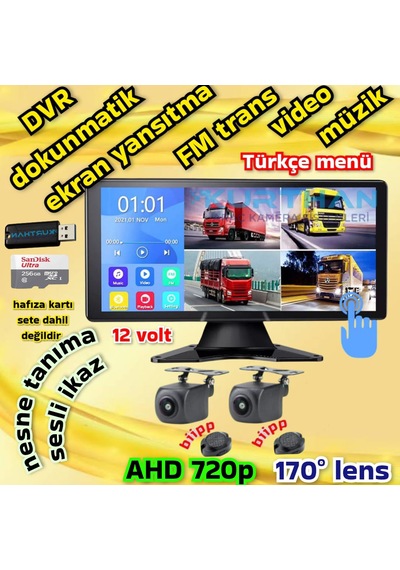 2 Adet Ahd 720p Nesne Tanımalı Sesli İkazlı Kamera 1036 İnç Dvr Dokunmatik Ekran 12 Volt