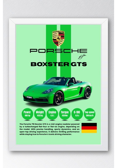 Porsche 718 Boxster Gts Premium Spor Araba Tablosu - Teknik Özellikli Yeşil Roadster Duvar Dekoru Beyaz Porsche 718 Boxster Gts Premium Spor Araba Tablosu - Teknik Özellikli Yeşil Roadster Duvar Dekoru Beyaz