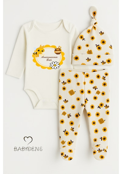 Babyden's Anneannesinin Balı Yazılı 3'lü Set Uzun Kol Body, Patikli Alt Ve Şapka Unisex Bebek Giyim Ekru