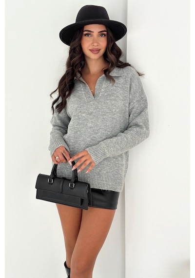 Femelle Gri Kadın Polo Yaka Oversize Triko Kazak - Standart Beden Yumuşak Dokulu - 8551