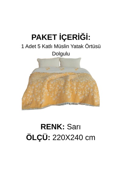 Soleil Bloom 5 Kat Dolgulu Müslin Çift Kişilik Yatak Örtüsü Pike Koltuk Örtüsü %100 Pamuk Çiçek Desenli 220x240 Cm Sarı