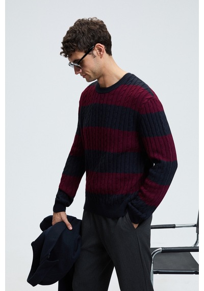 Grimelange BRAID Erkek Yuvarlak Yaka Saç Örgü Desenli Regular Fit Bordo - Lacivert Kazak