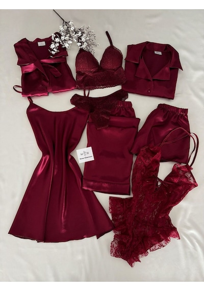 Mh Moony Homewears Kutulu 16 Parça Mudodo Bordo Saten Pijama Gecelik Sabahlık Iç Giyim Çeyiz Seti Muhteşem Bordo