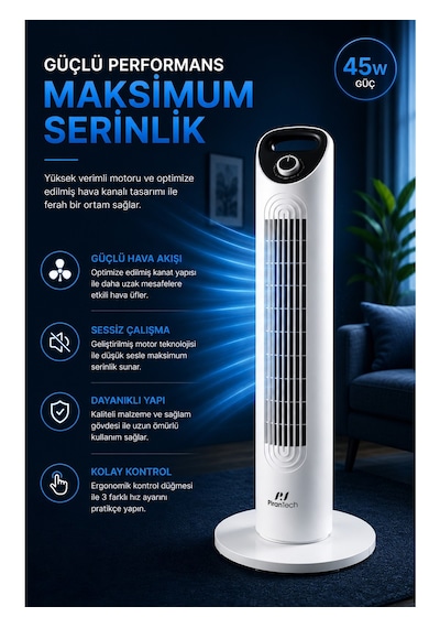 Pirantech Ev-30 Kule Tipi Vantilatör Sessiz Çalışma Şık Ve Modern Tasarım Ev Ve Ofis Kullanımı