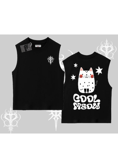 Tarzsokak Cool Meow Yazılı Sevimli Kedi Arka Baskılı Kolsuz Tshirt Siyah