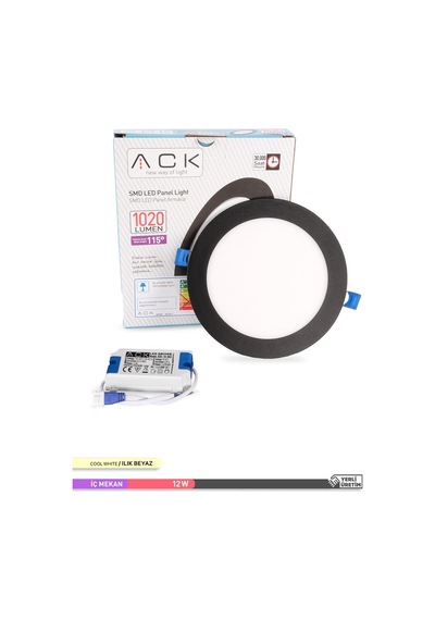 ACK 12W Sıva Altı Yuvarlak LED Panel Armatür Siyah Gövde 4000K Il Siyah
