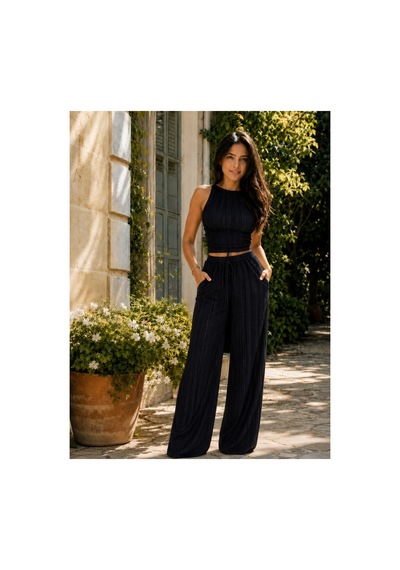 Unika Boutique Crop Pantolon Takım Kadın Şık Yazlık Fitilli SIYAH