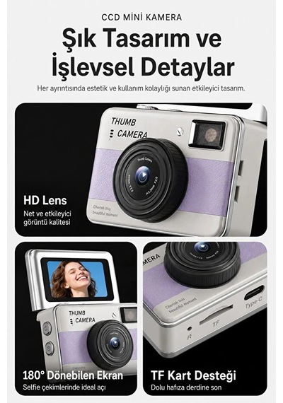 Retro Mini Dijital Kamera 1080p 1.47 İnç Flip Ekranlı Flaşlı Selfie Vlog Kamerası 4gb Sd Hediyeli Mor Çok Renkli