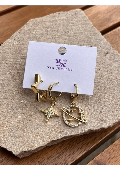 Ysx Jewelry Yıldız Detaylı Üçlü Küpe Seti Çok Renkli