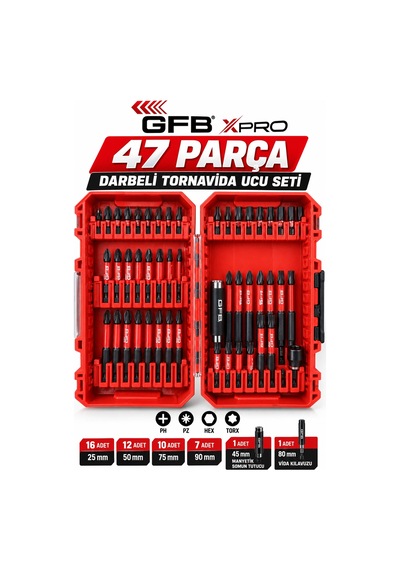 Gfb Xpro 47 Parça Darbeli Tornavida Ucu Seti 25/50/75/90 Mm Ph Pz Hex Torx Uçlar, Manyetik Somun T