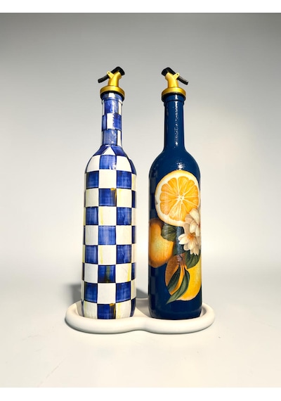 750 Ml Yeni Mavi Limon Ve Dama Desenli 2 Li Cam Yağdanlık Seti Gold Başlıklı Taş Sunum Standlı Dekoratif Tarz Lacivert