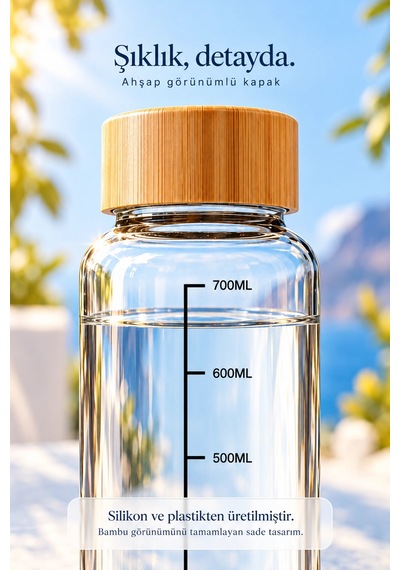 Tilbe Home Bambu Kapaklı Cam Matara Sporcu Suluğu Taşınabilir Su Şişesi 700 Ml Vakumlu Suluk Şeffaf