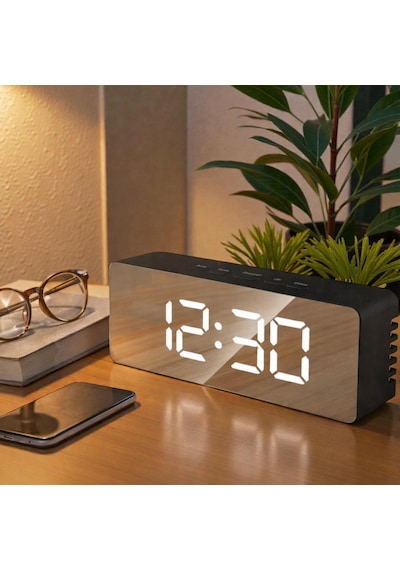 Dijital Aynalı Led Çalar Saat Usb & Pil Destekli, Termometreli, Alarm, Gece Modlu Elektronik Saat Siyah