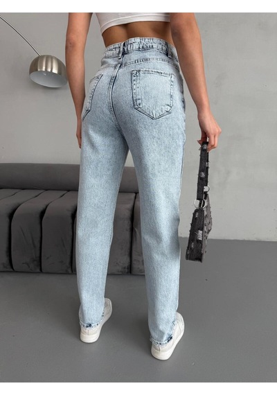 Ara Beden Blue Snow Wash Lycra Mom Jean Mavi