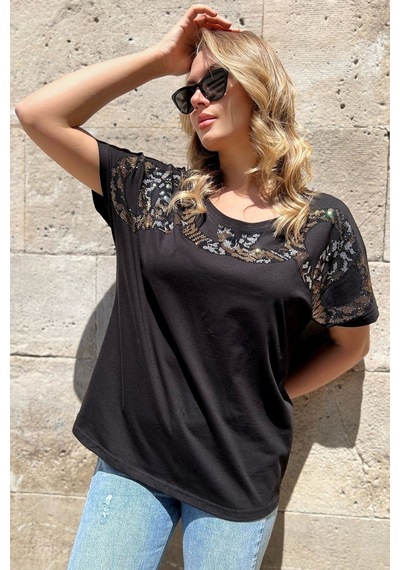 Rich Glam Bol Kalıp Leopar Crystal Taşlı Büyük Beden Kırmızı Şık Rahat Kadın T-shirt Siyah
