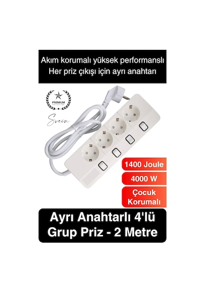 Özel Üretim 4'lü Ayrı Anahtarlı 2 Metre Akım Korumalı Grup Priz 1400 Joule 4000w Çoklu Uzatma Kablo Diğer