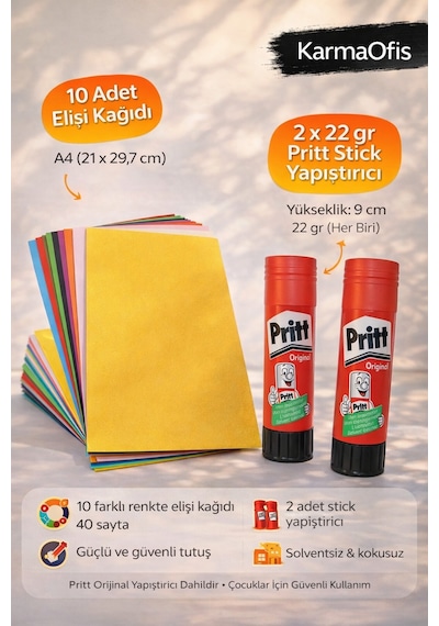 10 Lu Elişi Kağıdı A4 + 2 Li 22 Gr Pritt Stick Yapıştırıcı Seti Renkli Kağıt Okul Ve Etkinlik Seti