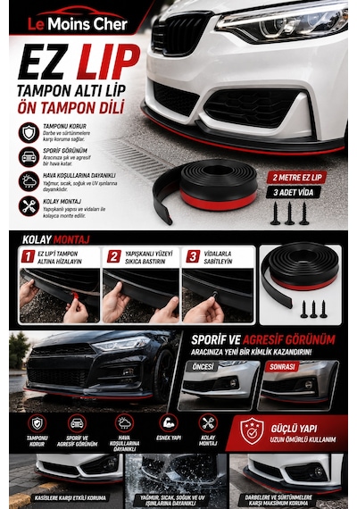 Volkswagen Crafter Panelvan Ez Lip Tampon Altı Lip Ön Tampon Dili 2 Metre Yapışkanlı Vidalı