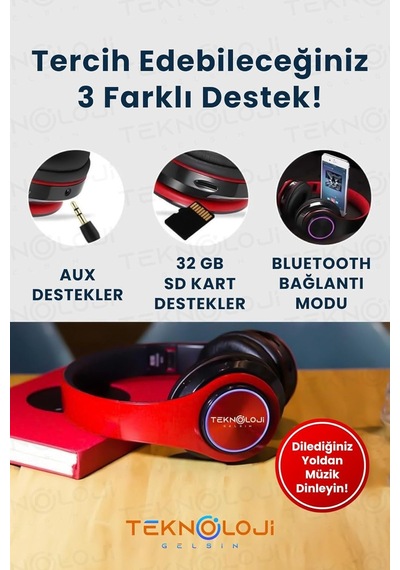 Kablosuz Kulaklık Bluetooth Mikrofonlu Kulaküstü Kulaklık Led Işıklı Katlanabilir Siyah-kırmızı