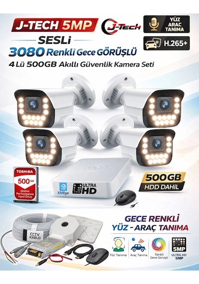 J-tech 5mp Sesli 3080 Renkli Gece Görüşlü 4 Lü 500gb Akıllı Güvenlik Kamera Seti Yüz Ve Araç Tanım
