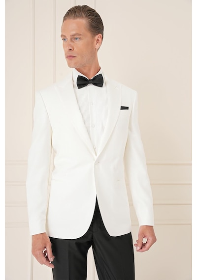 Efor Black 035 Slim Fit Saten Yaka Çift Yırtmaçlı Tek Düğmeli Krem Damatlık Smokin Ceket Krem