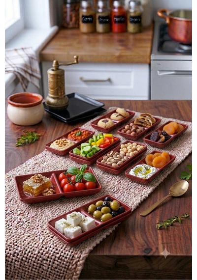 6 Adet Kırılmaz Melamin 2 Bölmeli Sosluk Ve Çerezlik 18 X 9 Cm - Kırmızı Beyaz