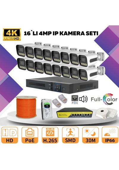 16'lı Güvenlik Ip Kamera Seti - 4mp Dış Mekan Kamera, 3.6mm Lens, H.265, Poe, Warm Led Gece Görüşlü